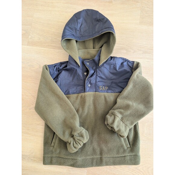 GAP Kids Polar Fleece hoodie, quarter snap pullover - Army green + Navy blue - Picture 1 of 3